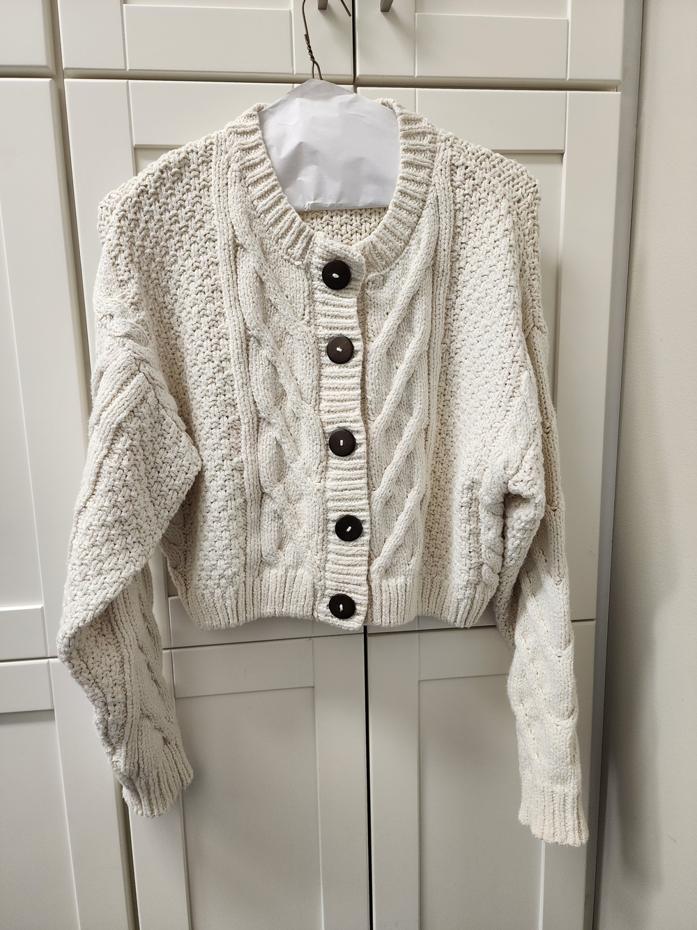 Free People Cream Cable Knit Cropped Button Cardigan